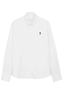 Ami Paris men’s white long-sleeved button-up shirt with small black embroidered logo on the left chest