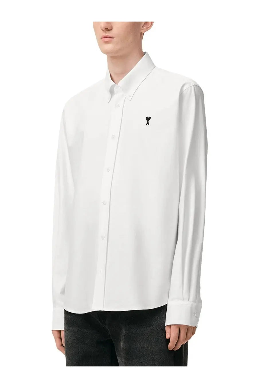 Ami Paris men’s white long-sleeved button-up shirt with black embroidered logo on the left chest