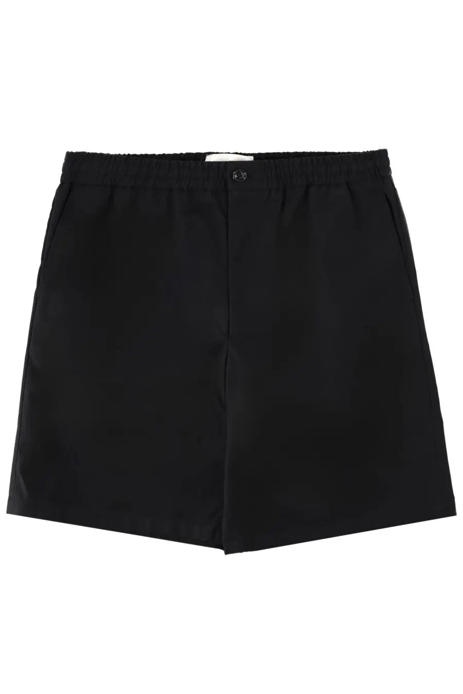 Ami Paris men’s black elastic waistband shorts with minimalist design and single front button closure
