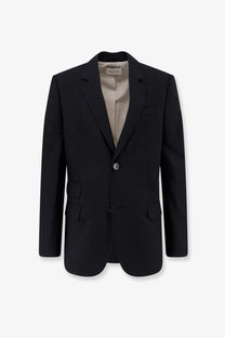 Ami Paris men’s single breasted black virgin wool blazer with subtle sheen two front buttons and flap pockets