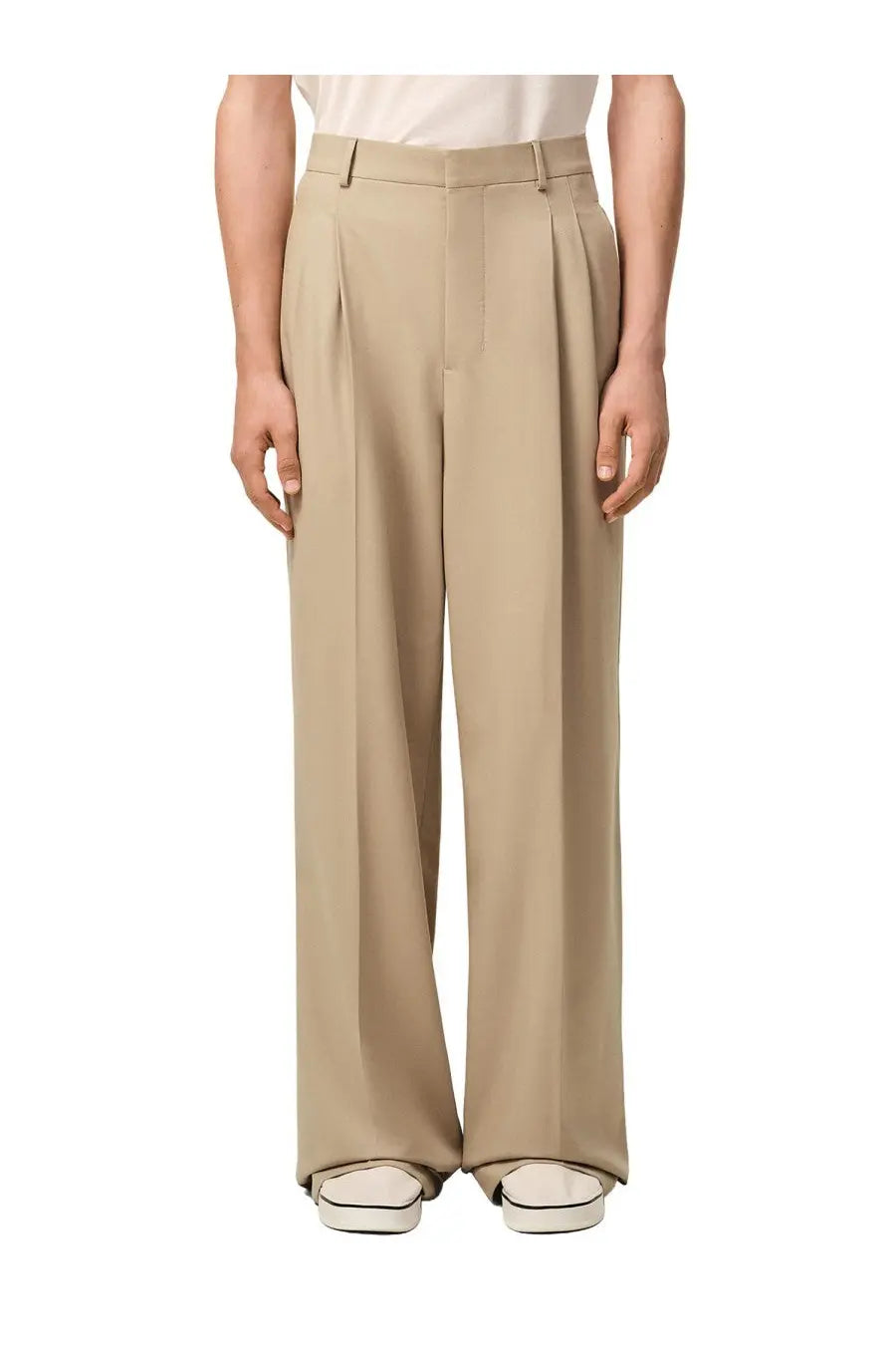 Beige pleated Ami Paris men’s wide-leg trousers with tailored waistband and clean straight-cut legs