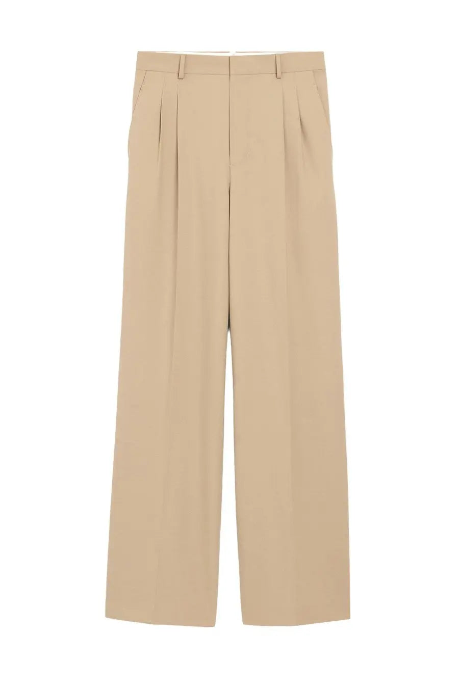 Beige ami paris men’s straight pants featuring pleated wide-leg design and a clean tailored finish