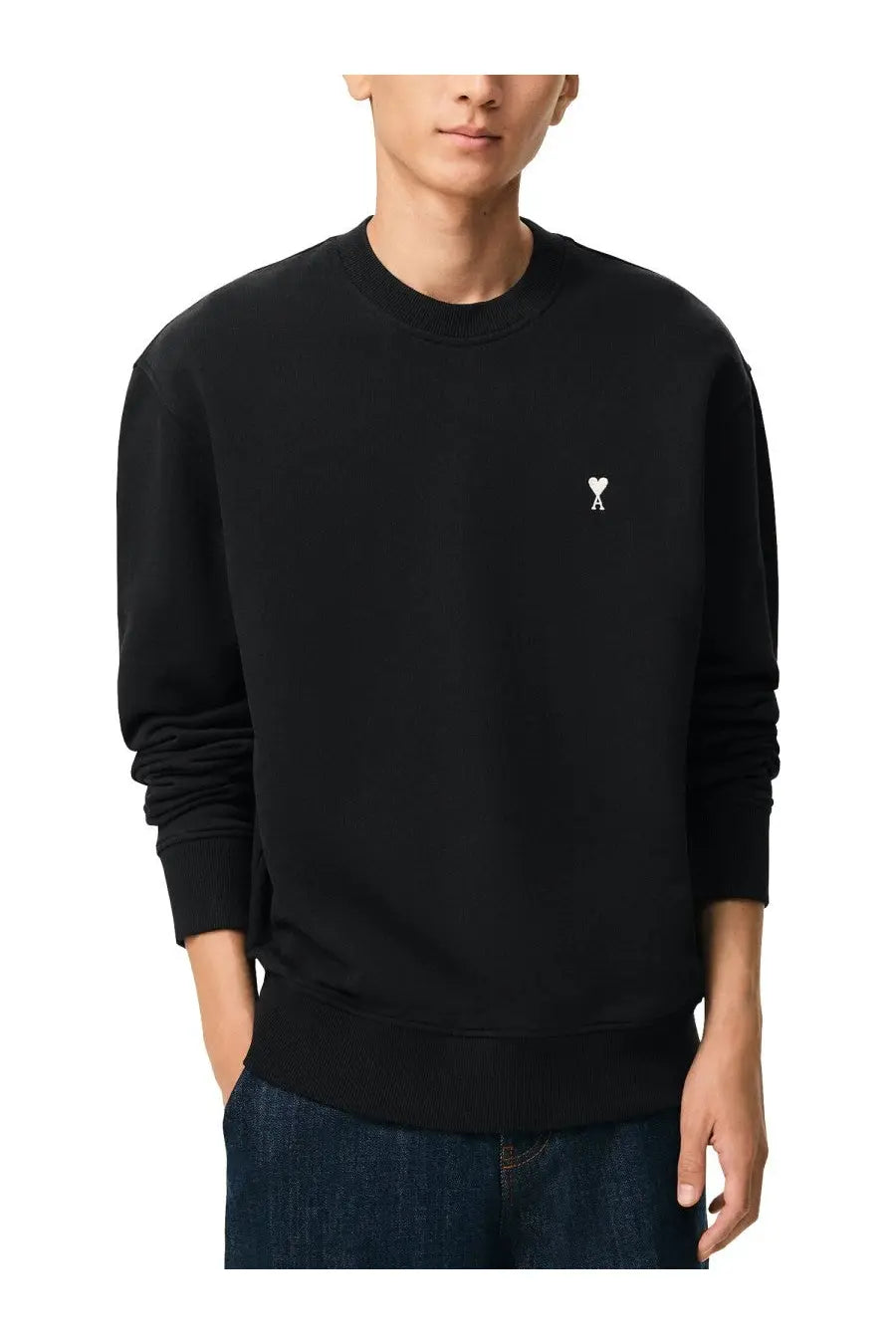 Ami Paris men’s black crewneck sweatshirt with a small white embroidered heart and letter a on the left chest