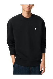Ami Paris men’s black crewneck sweatshirt with a small white embroidered heart and letter a on the left chest