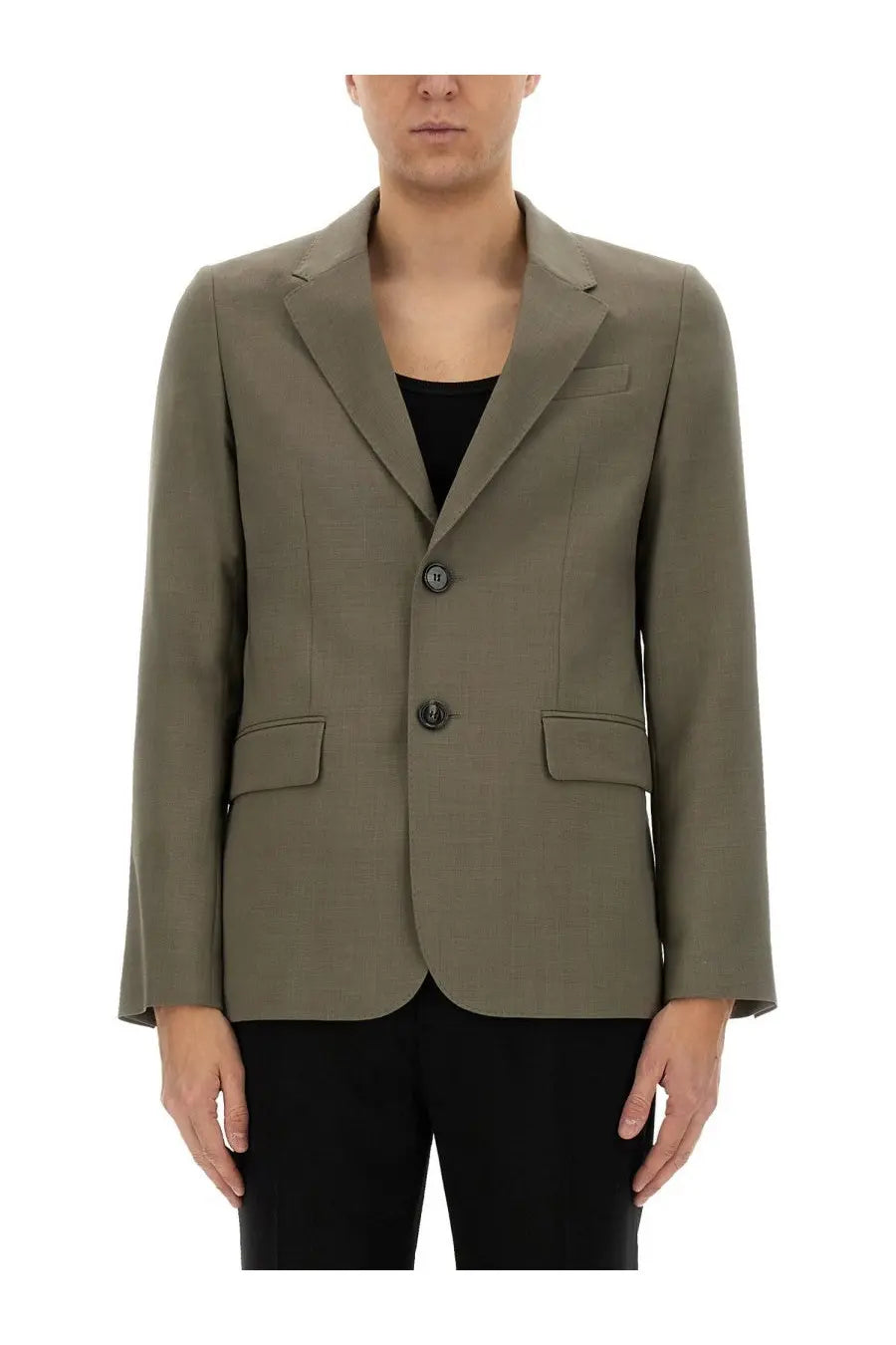 Ami Paris men’s olive green tailored blazer with notched lapels and two front buttons for formal wear