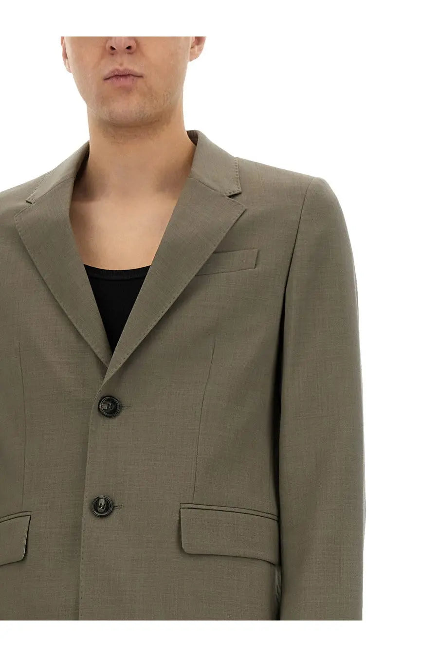 Ami Paris men’s two button jacket in olive green with tailored fit notched lapels and two front flap pockets