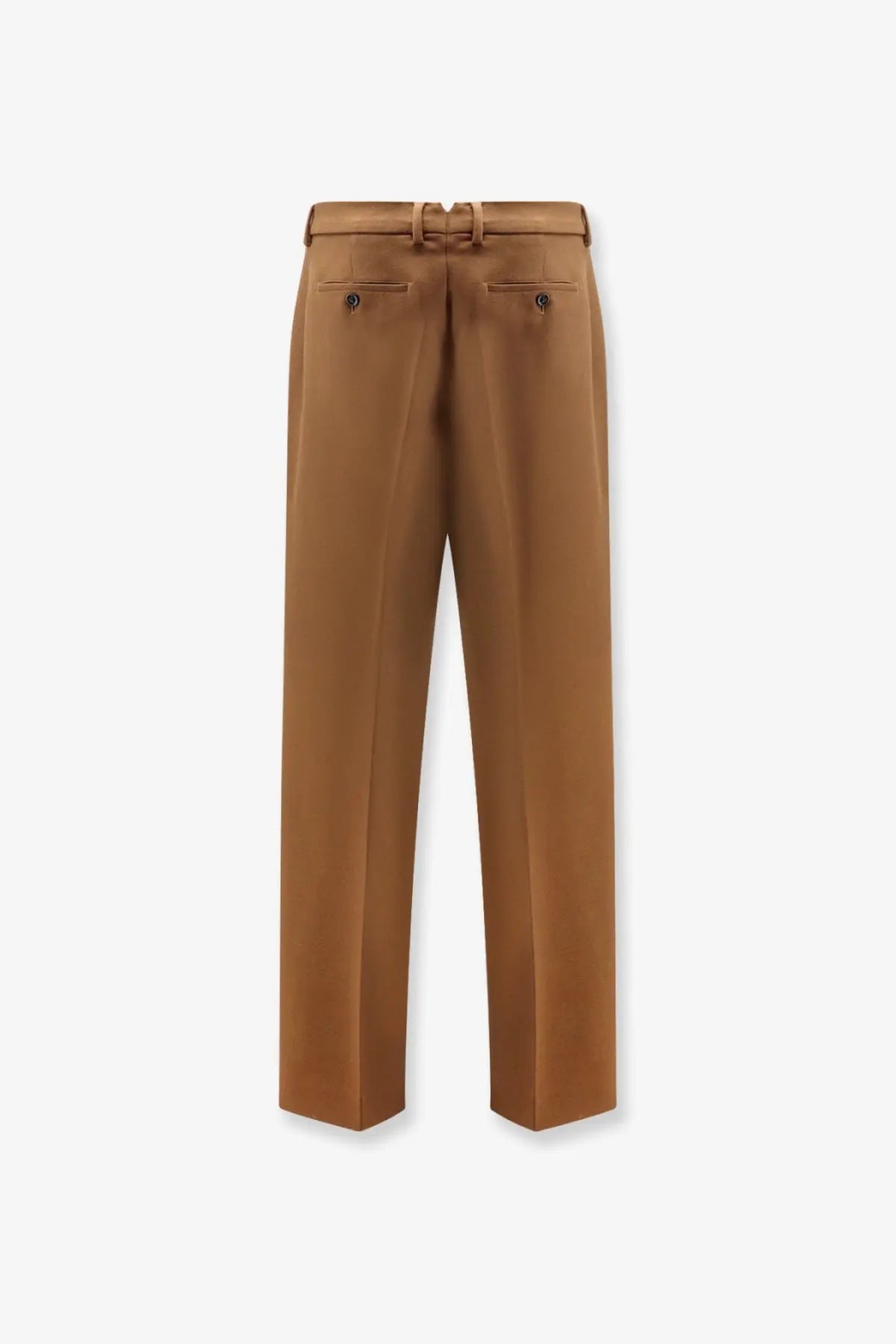 Ami Paris men’s brown virgin wool trousers with tan sleek straight-leg cut and matching belt at the waist