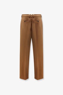 Ami Paris men’s brown virgin wool trousers with tan sleek straight-leg cut and matching belt at the waist