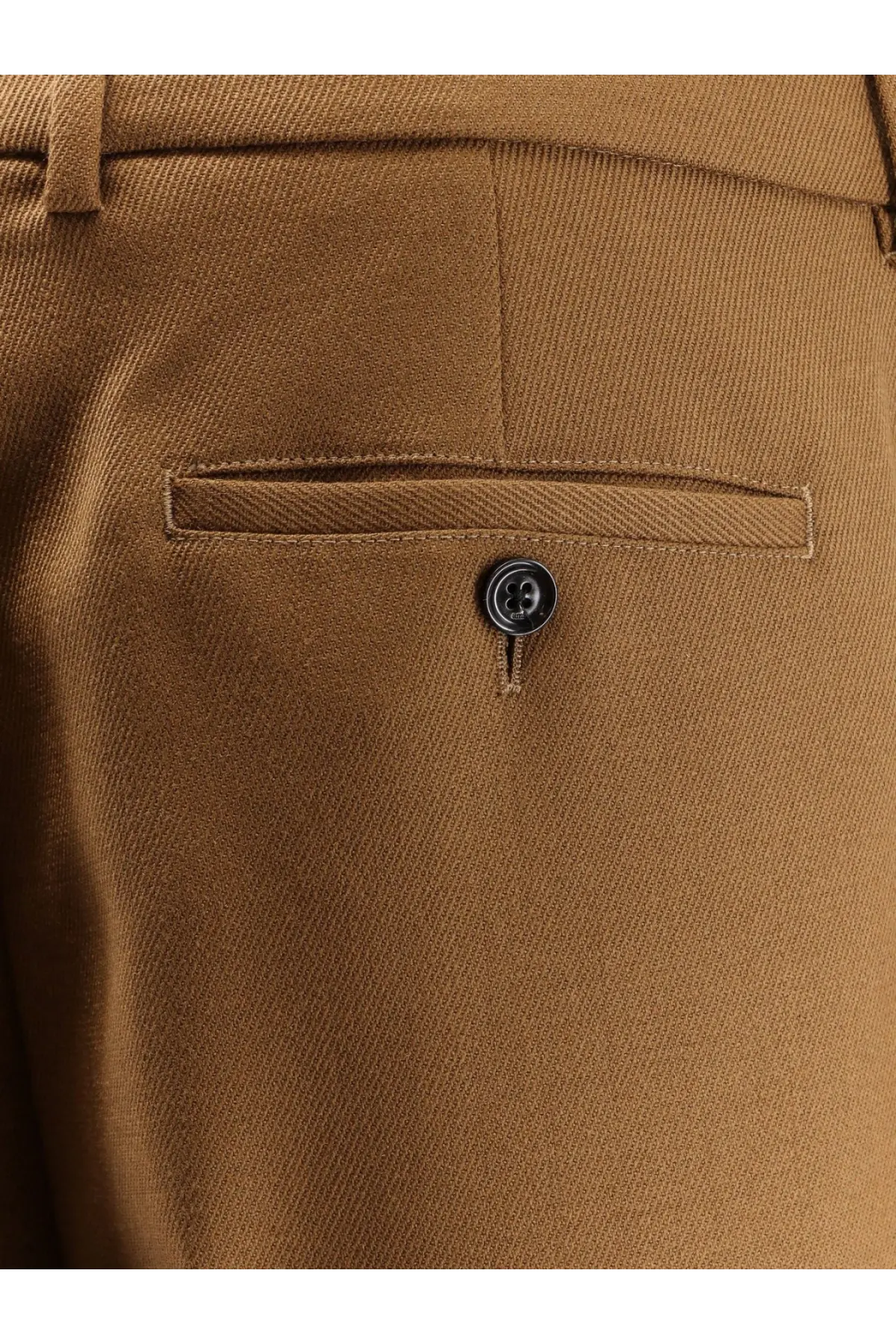 Back view of ami paris men’s virgin wool trousers brown in tan with subtle herringbone weave and black button pocket fastening