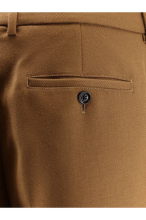 Back view of ami paris men’s virgin wool trousers brown in tan with subtle herringbone weave and black button pocket fastening