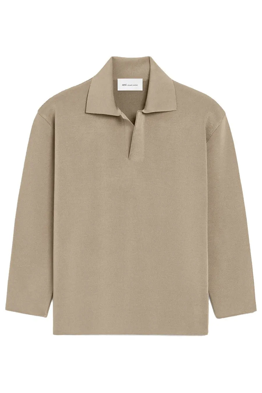 Beige ami paris men’s wool blend polo shirt with long sleeves classic collar and subtle texture front view