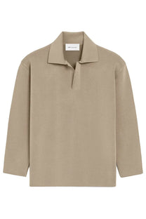 Beige ami paris men’s wool blend long-sleeved polo shirt with classic collar and subtle texture