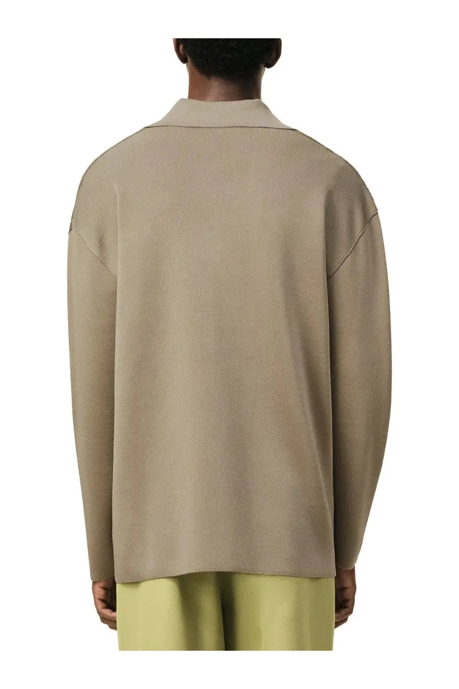 Beige long-sleeved wool blend polo shirt with structured collar and ribbed texture by Ami Paris for men