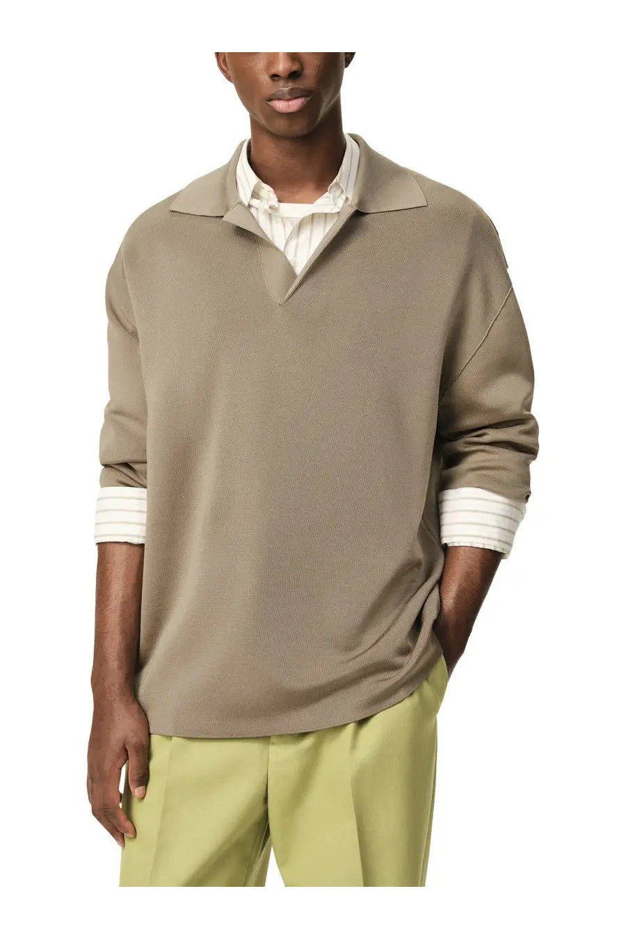 Ami Paris men’s beige wool blend polo shirt with textured knit and ribbed cuffs and collar