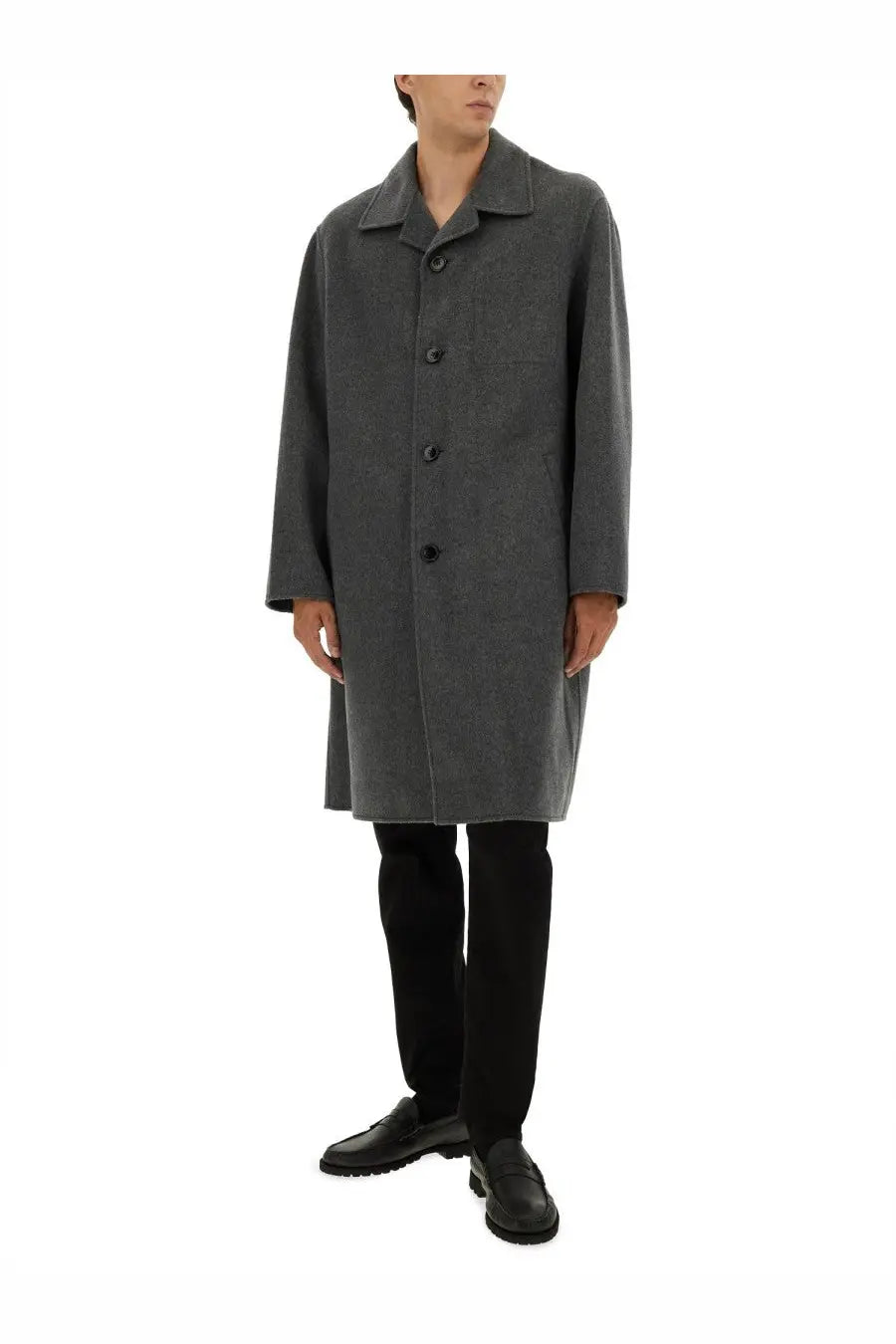Ami Paris men’s dark gray longline wool and cashmere blend coat with classic collar and front button closure