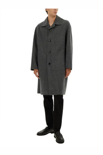 Ami Paris men’s dark gray longline wool and cashmere blend coat with classic collar and front button closure