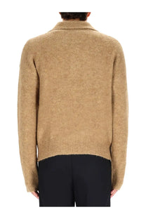 Ami Paris men’s wool polo brown cozy camel-colored knit sweater with ribbed collar and cuffs