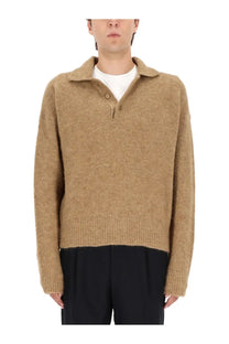 Ami Paris men’s wool polo brown camel-colored knit sweater with soft textured fabric and classic collar