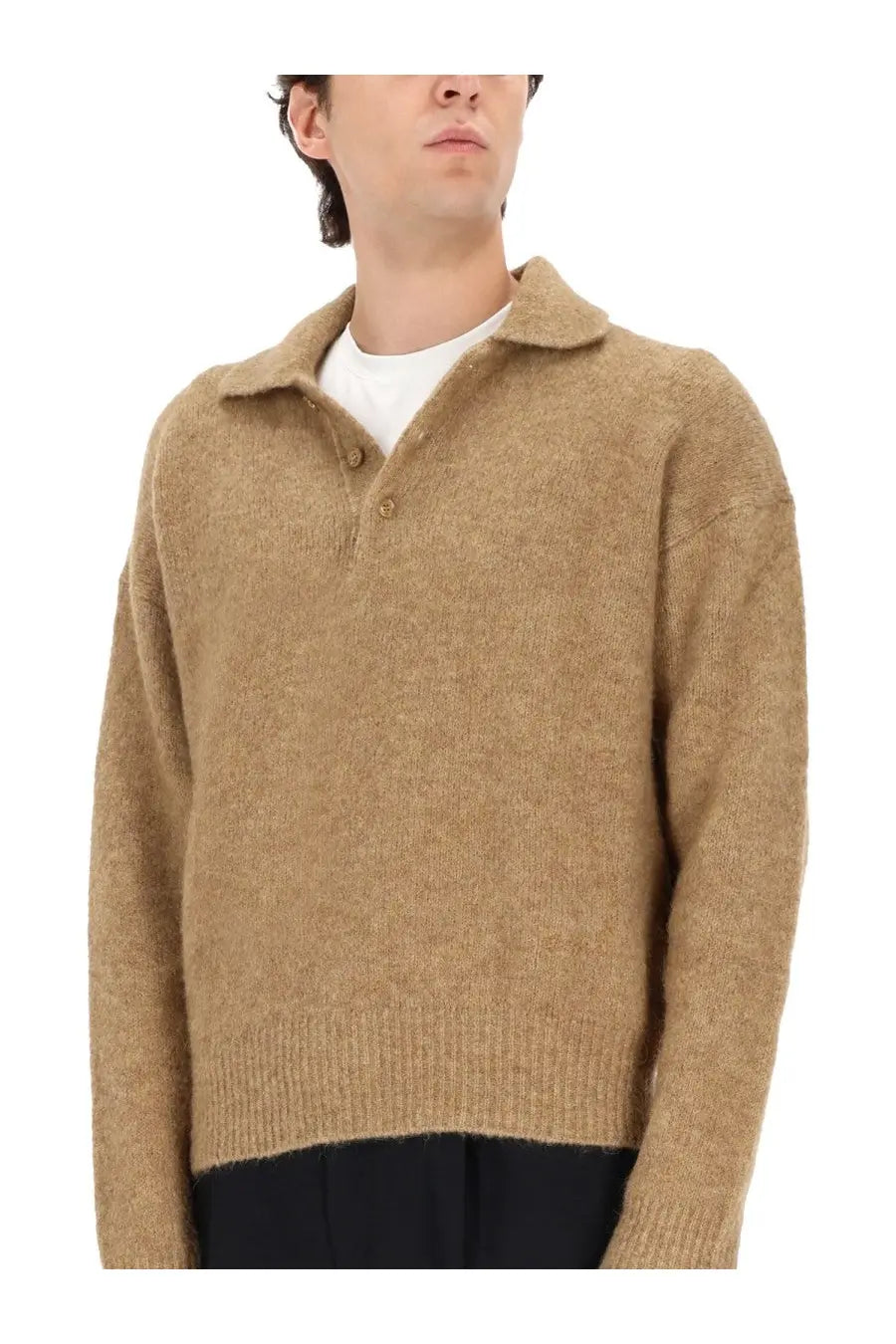Ami Paris men’s wool polo brown cozy camel-colored woolen sweater with soft textured knit and classic collar