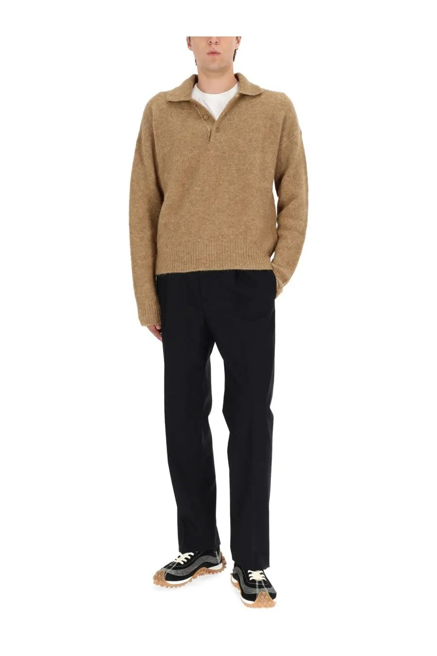 Ami paris men’s wool polo brown tan textured knit sweater with collar and half-zip front detail