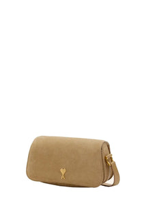 Beige suede crossbody bag with a gold-tone heart-shaped logo clasp from Ami Paris unisex Paris Paris bag collection
