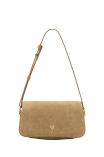 Beige suede ami paris unisex shoulder bag with gold-tone heart shaped logo and matching adjustable strap