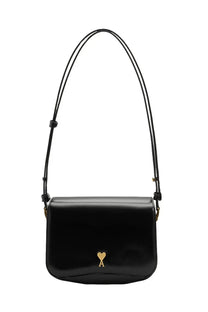 Black glossy leather crossbody bag with gold heart-shaped logo from Ami Paris unisex Paris Paris bag black collection