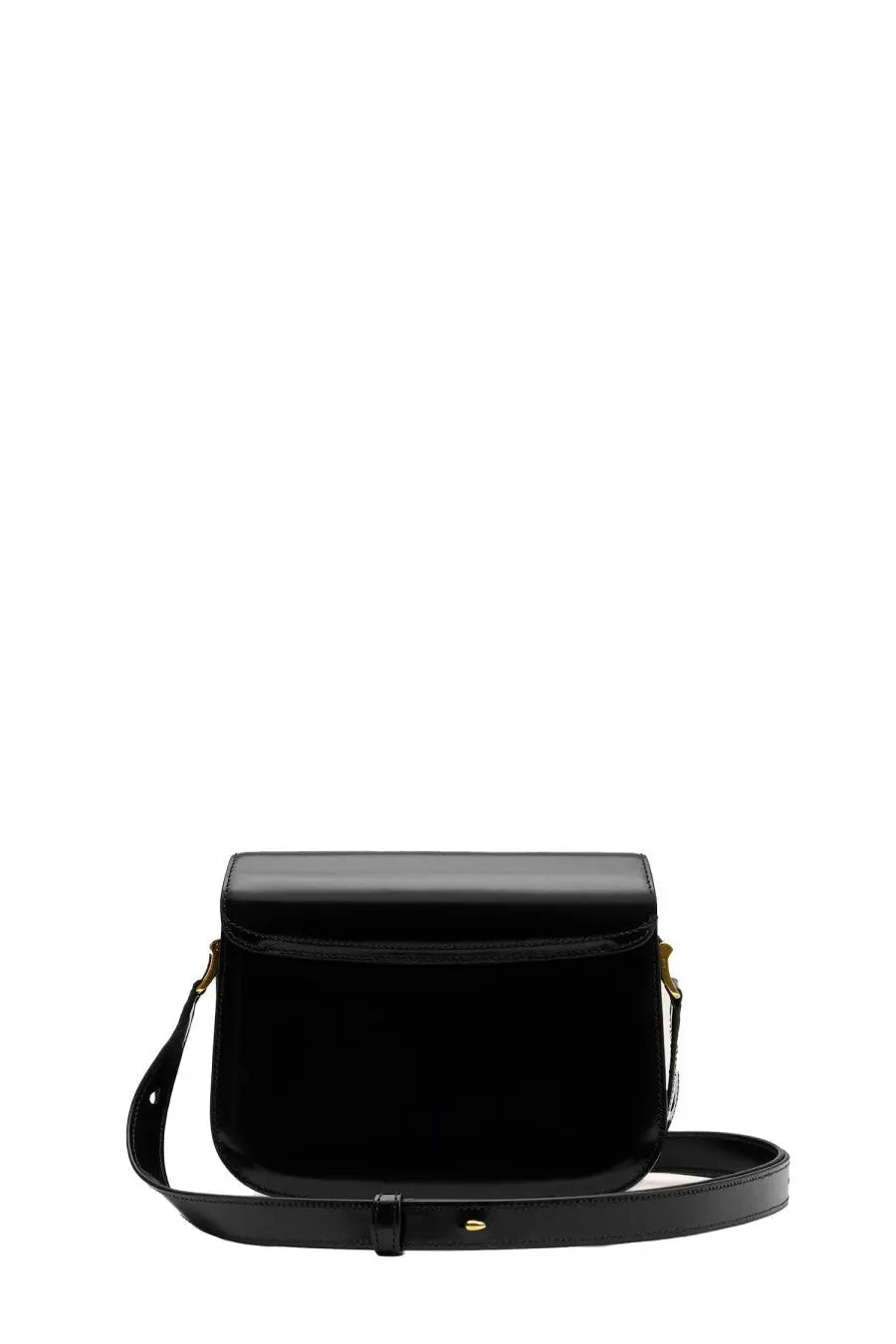 Black patent leather Ami Paris unisex crossbody bag with gold tone hardware for stylish everyday use