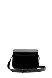 Black patent leather Ami Paris unisex crossbody bag with gold tone hardware for stylish everyday use