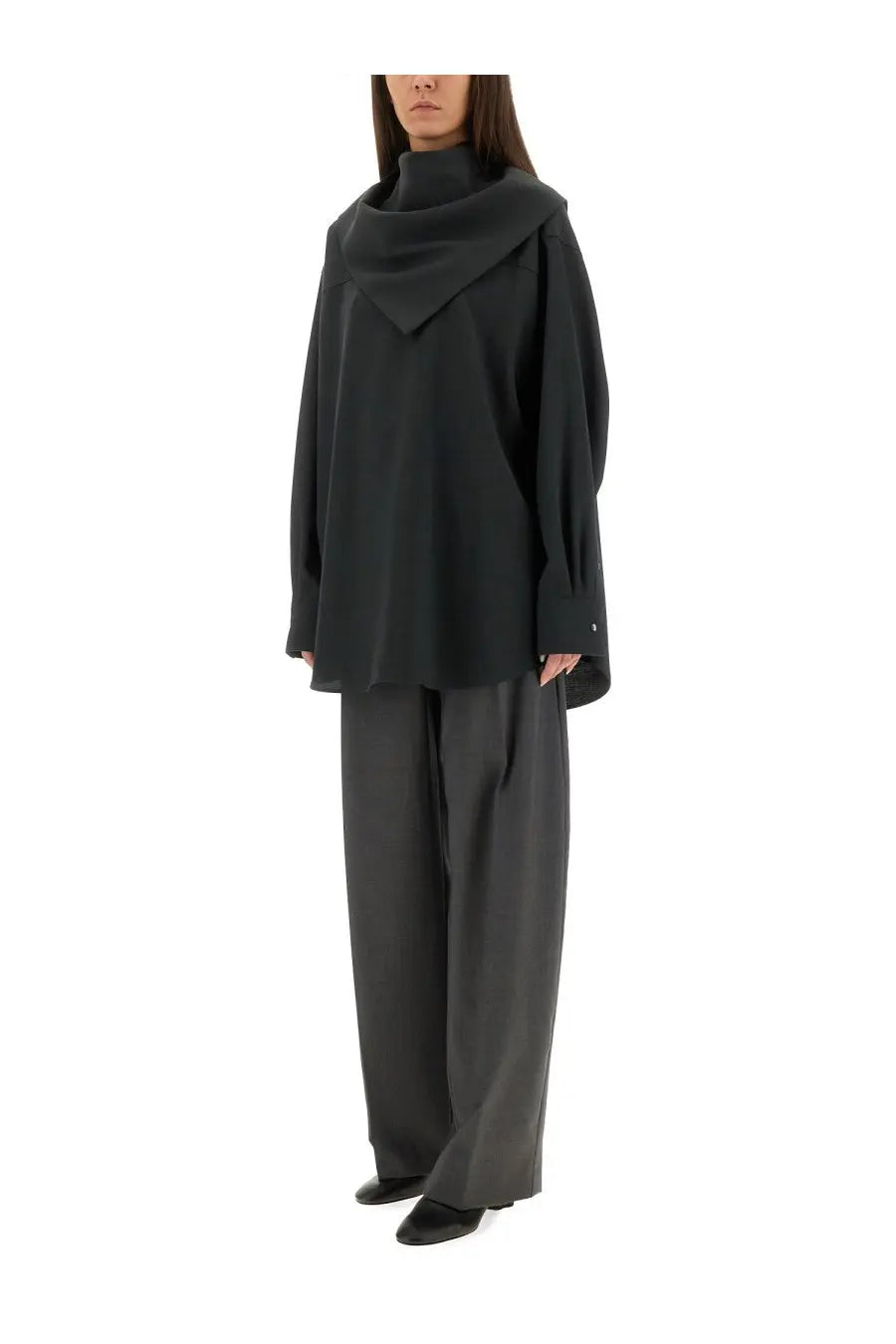 Black oversized turtleneck top with draped collar and long sleeves featured with ami paris unisex blue bandana grey