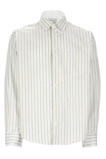 Ami Paris unisex cotton shirt in white with thin vertical gray stripes and a classic collar
