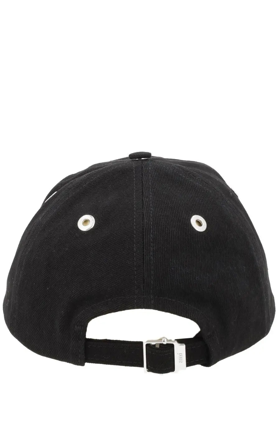 Ami Paris unisex black corduroy baseball cap with silver eyelets and metallic buckle shown from the back side
