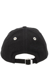 Ami Paris unisex black corduroy baseball cap with silver eyelets and metallic buckle shown from the back side