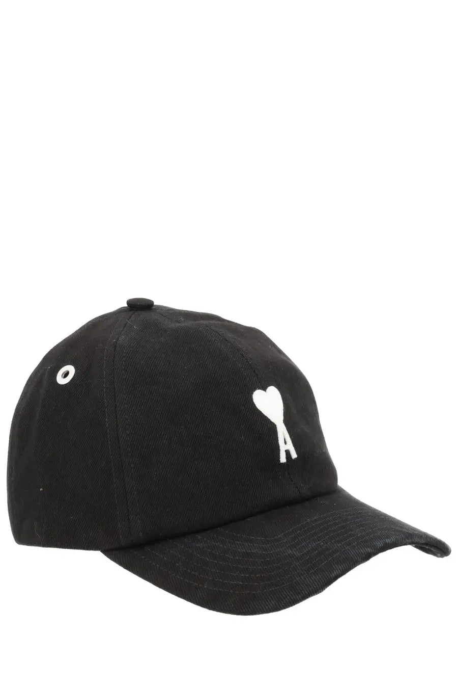 Ami Paris unisex black cotton baseball cap featuring a white heart logo with a stitched letter a below it