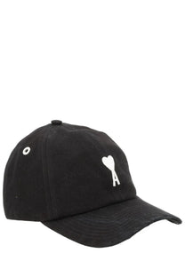 Ami Paris unisex black cotton baseball cap featuring a white heart logo with a stitched letter a below it