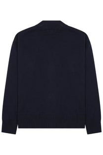 Ami paris unisex cardigan blue dark navy knit sweater with ribbed cuffs and hem front view