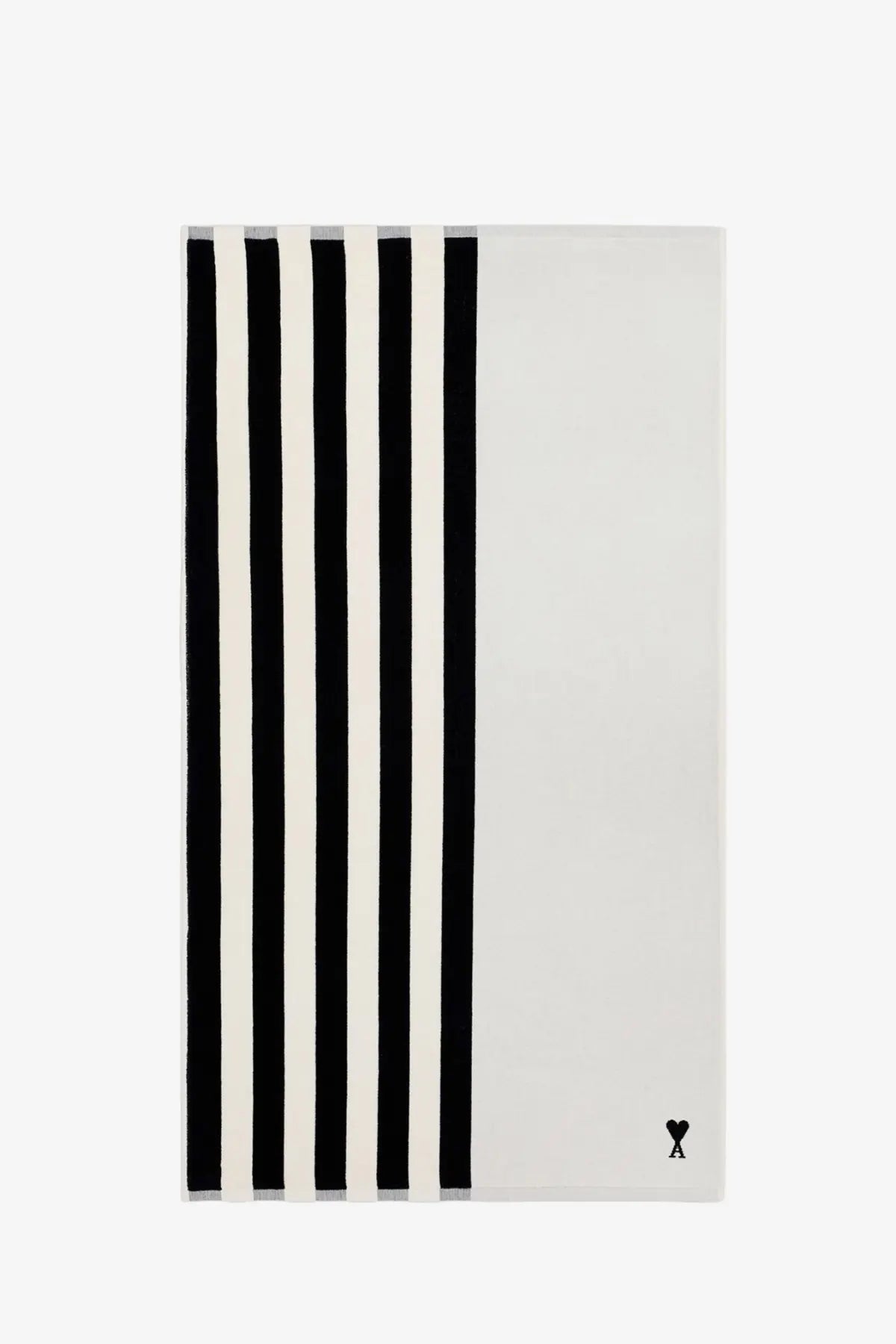 Ami Paris unisex cotton beach towel black with minimalist black and white stripes and a subtle heart logo in the corner