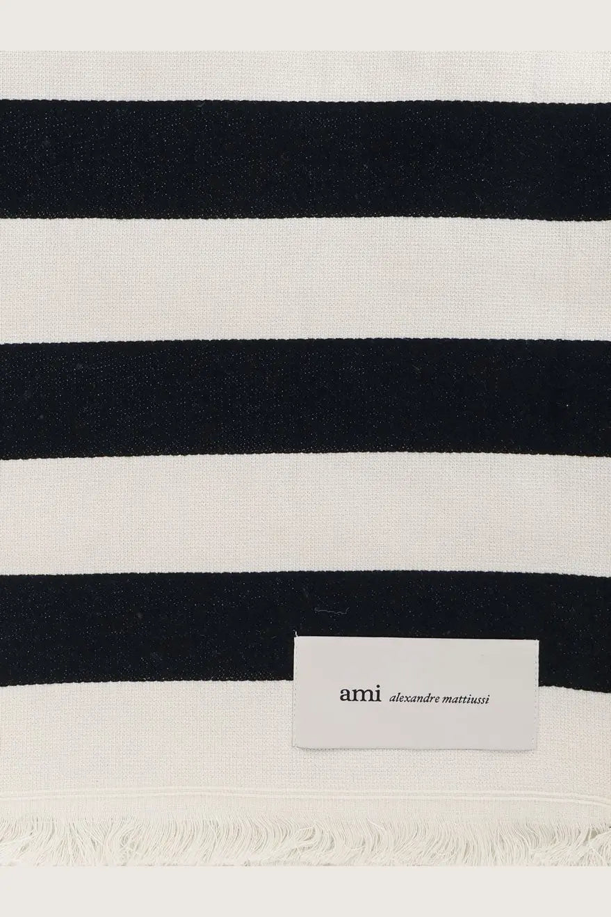 Ami paris unisex black and white striped cotton beach towel with fringed edge and ami alexandre mattiussi label