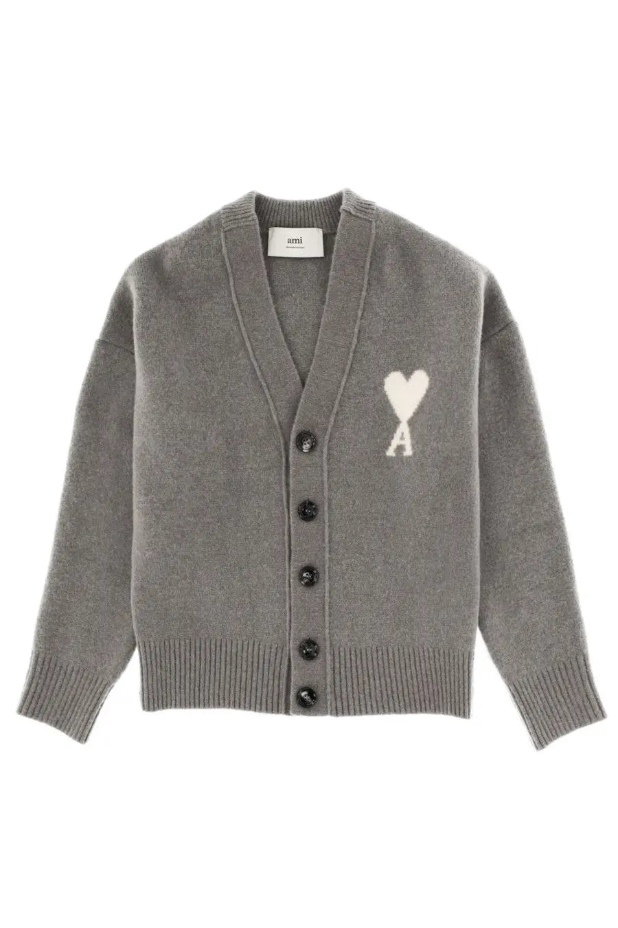 Ami Paris unisex gray knit cardigan with white heart and letter a embroidery and black buttons down the front