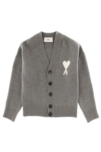 Ami Paris unisex gray knit cardigan with white heart and letter a embroidery and black buttons down the front