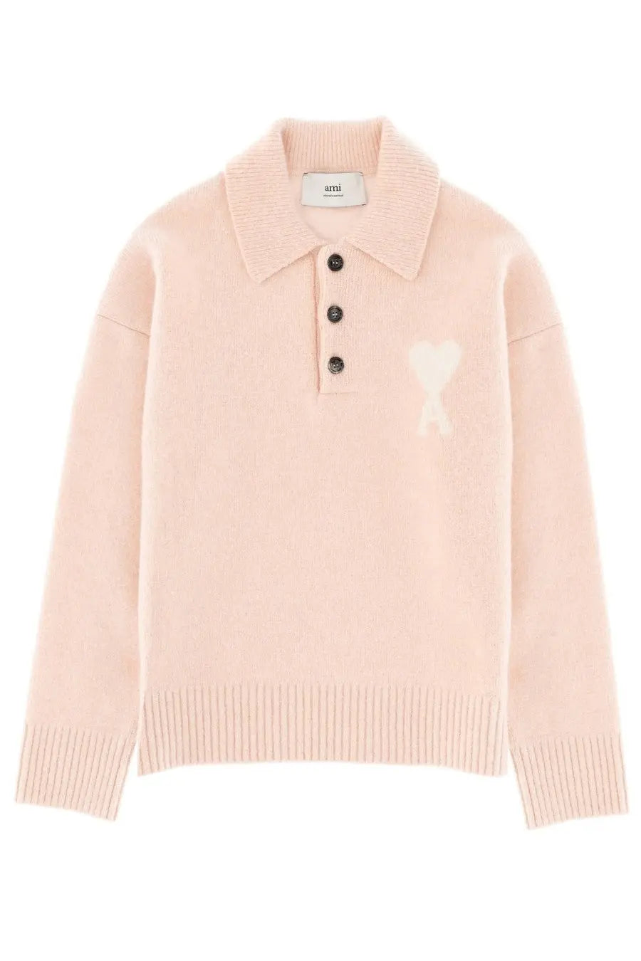 Ami Paris unisex ami de coeur polo shirt pink knit sweater with white heart logo and black buttons down the front