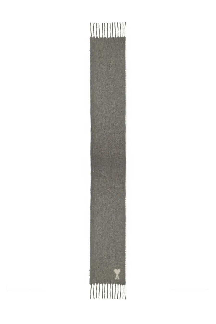Ami paris unisex ami de coeur scarf grey charcoal gray knit with fringed ends and subtle embroidered logo near bottom