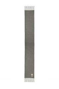 Ami paris unisex ami de coeur scarf grey charcoal gray knit with fringed ends and subtle embroidered logo near bottom