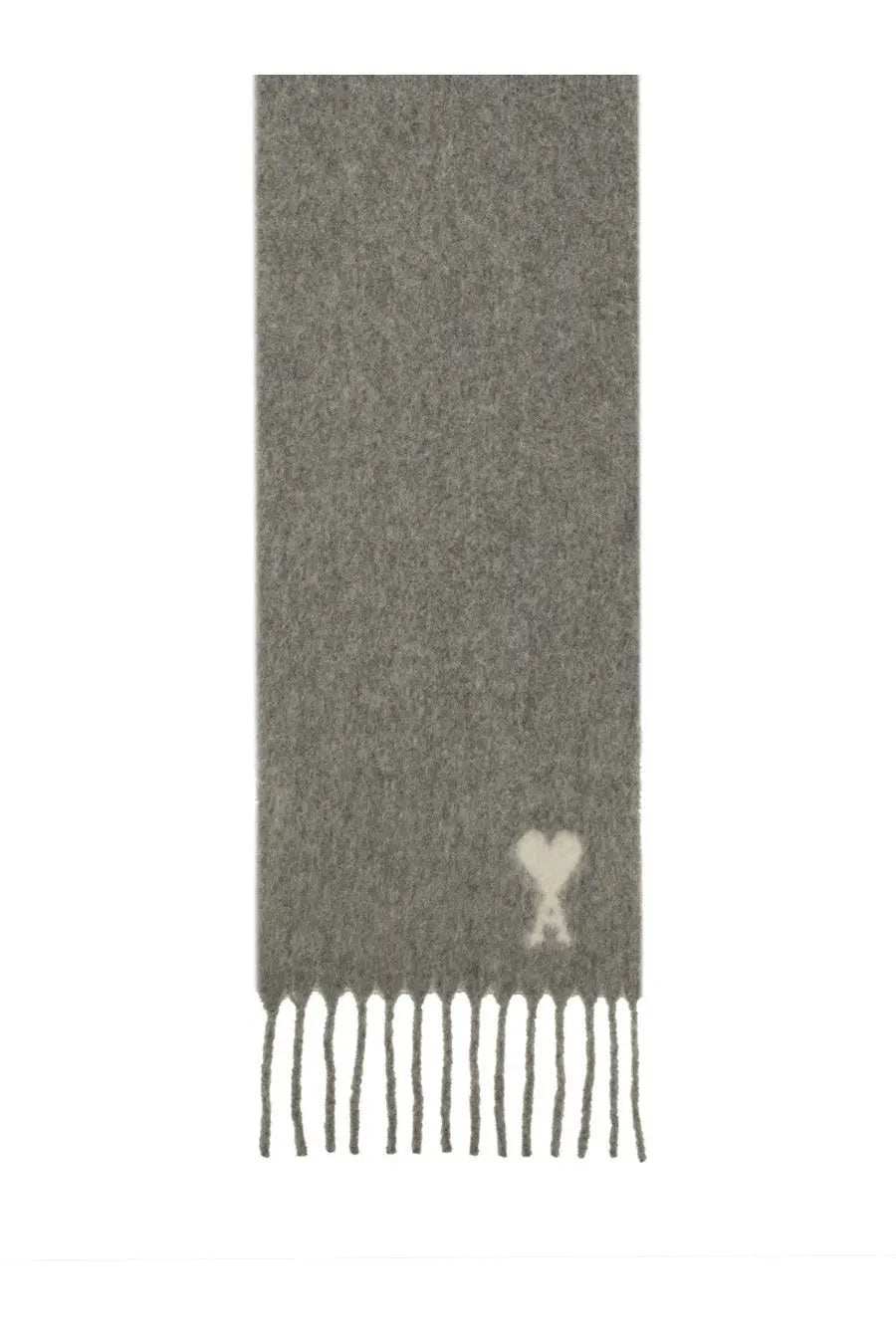 Ami Paris unisex ami de coeur scarf grey in soft heather gray wool with cream heart logo and delicate fringe