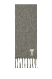 Ami Paris unisex ami de coeur scarf grey in soft heather gray wool with cream heart logo and delicate fringe