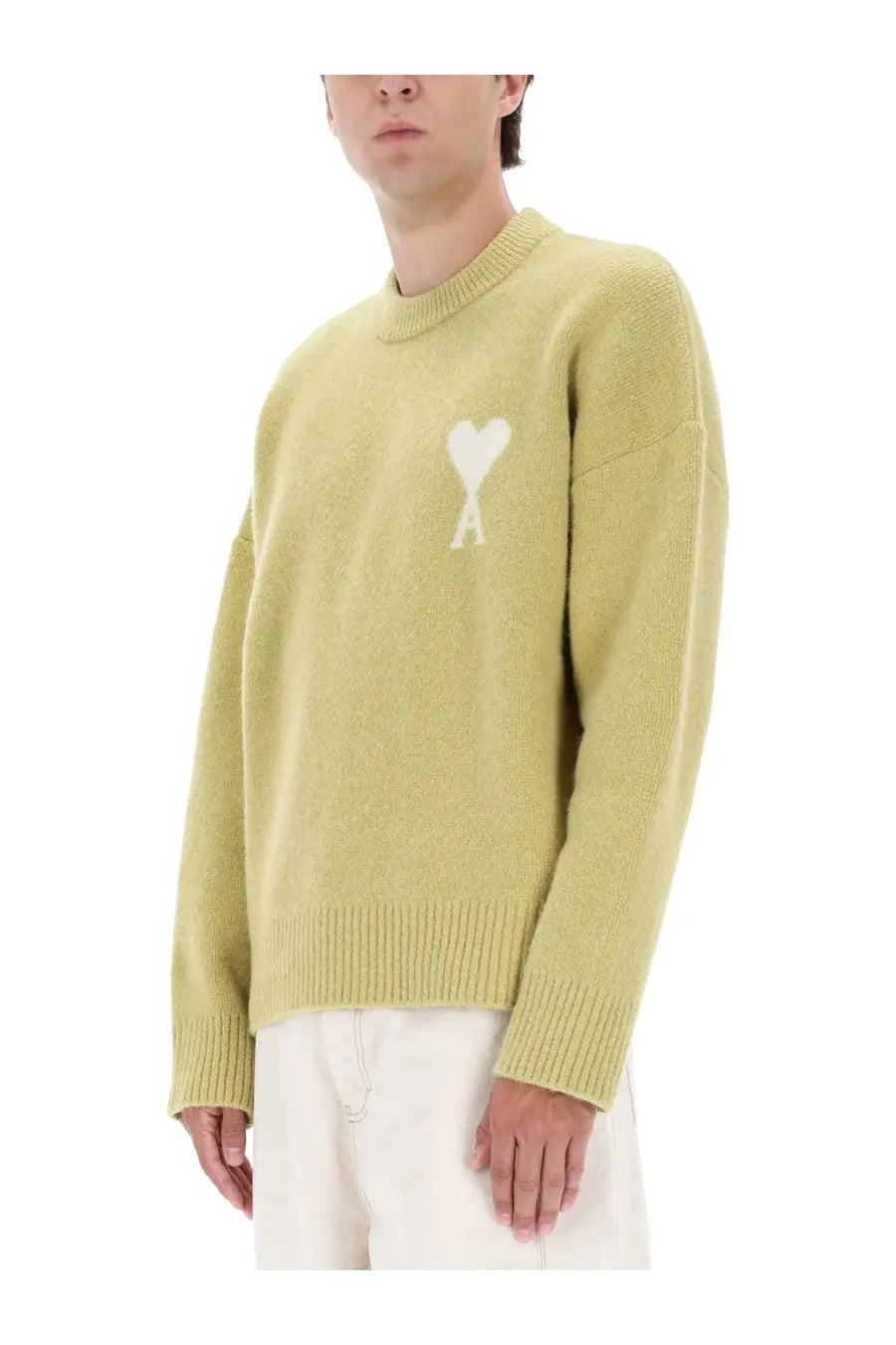 Ami Paris unisex green knit sweater with a white heart-shaped logo on the chest made of jersey material
