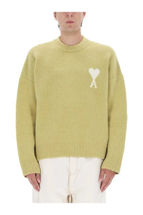 Ami Paris unisex jersey pale green ribbed knit sweater with white embroidered heart and a on left chest
