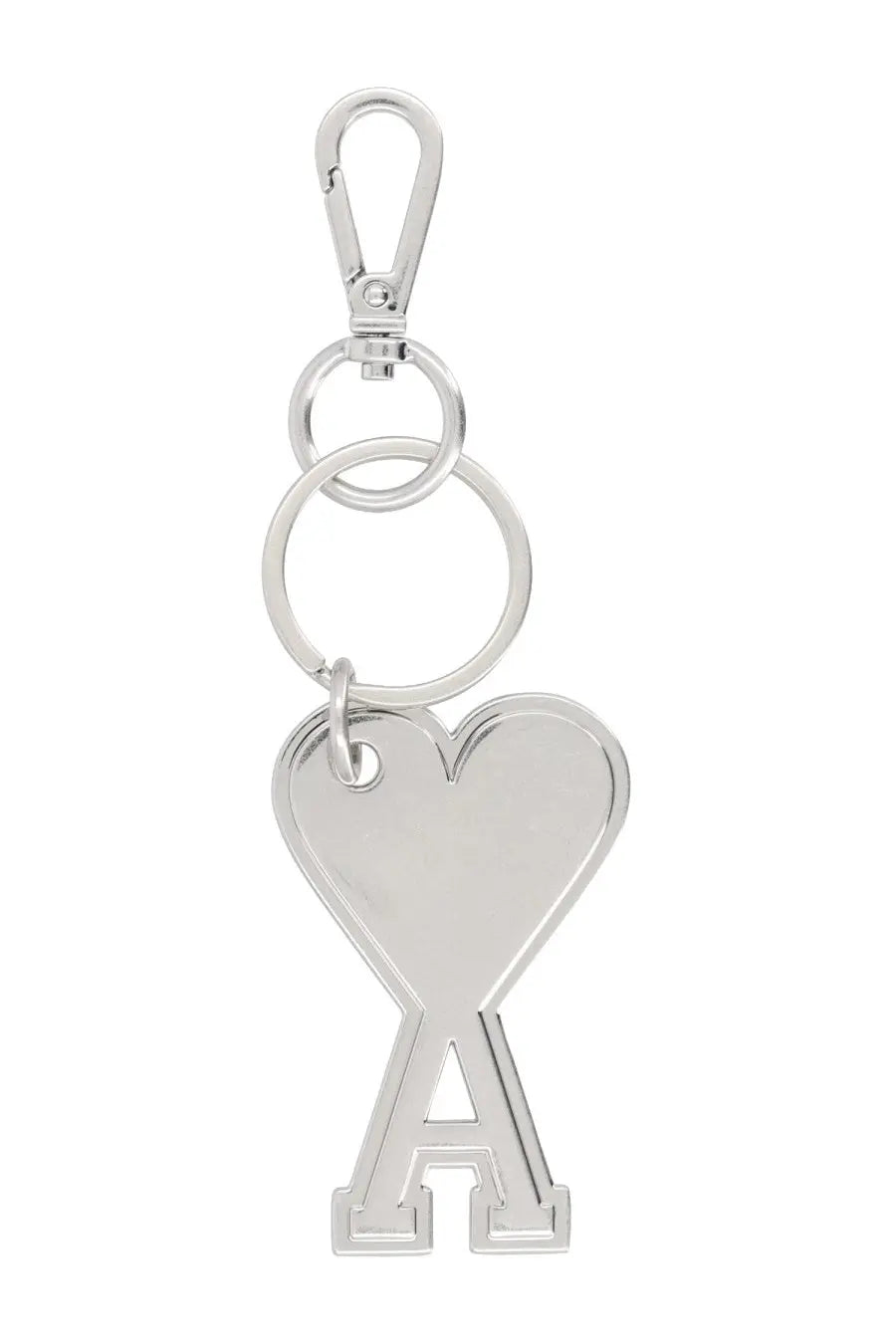 Ami Paris unisex silver heart-shaped keychain with bold a letter design polished metal rings and secure clip
