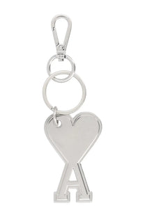 Ami Paris unisex silver heart-shaped keychain with bold a letter design polished metal rings and secure clip