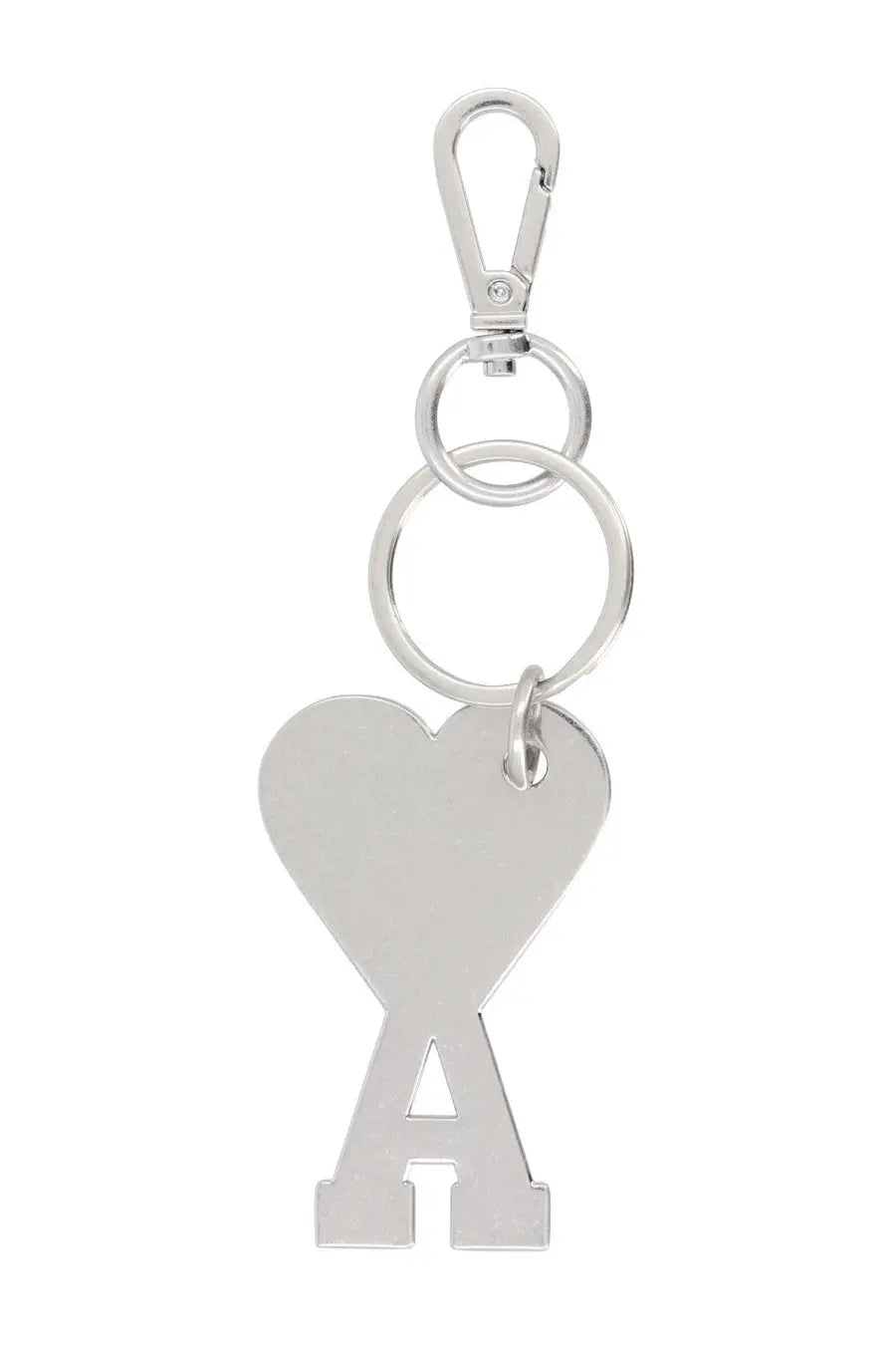 Silver heart-shaped keychain with stylized a cutout and polished metallic finish attached to a carabiner clip by ami paris